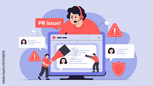 team managing a social media crisis on a computer screen, vector illustration for public relations issue and online reputation management
