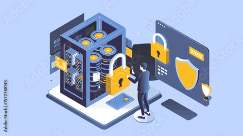 it administrator securing server rack with a large padlock, isometric vector illustration for secure data management, gdpr compliance and cybersecurity