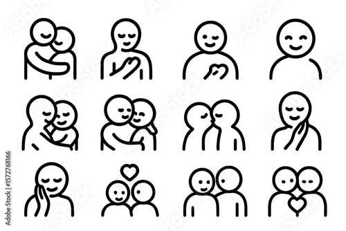 Heartfelt connection icons: embracing love and friendship in linear black and white designs