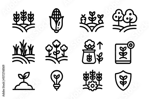 Agricultural icons set: minimalist black line symbols for farming and gardening