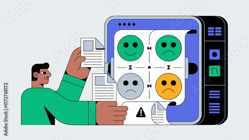 data analyst processing documents for sentiment analysis on a device, vector illustration for text mining and customer feedback analysis