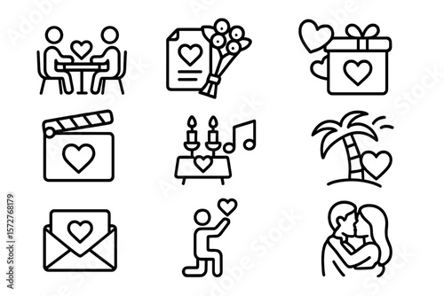 Romantic linear icons set: proposals, dinner, gifts, and more