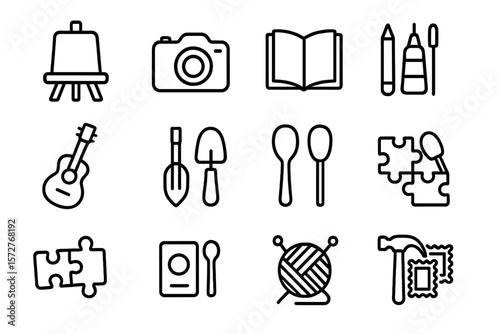 Creative hobbies icons: outline set featuring art, music, and crafts on dark background