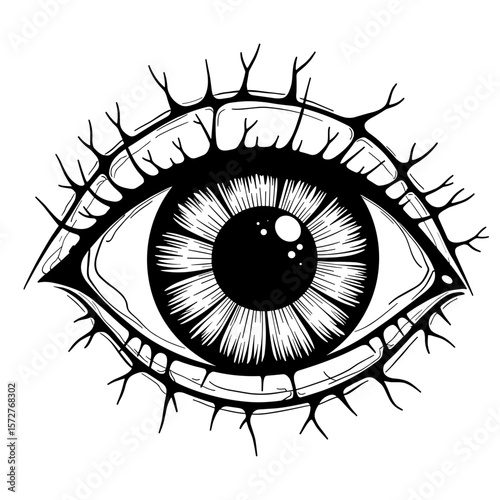 Creepy eyeball with veins, hand-drawn coloring book design for kids