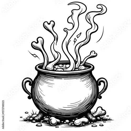 Potion Cauldron with Bones and Steam for Kids, Cute Coloring Book Design