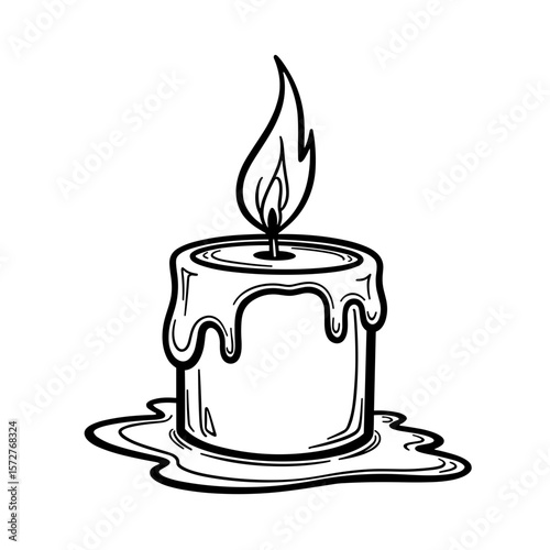 Melting candle with dripping wax and flame, kids coloring book design