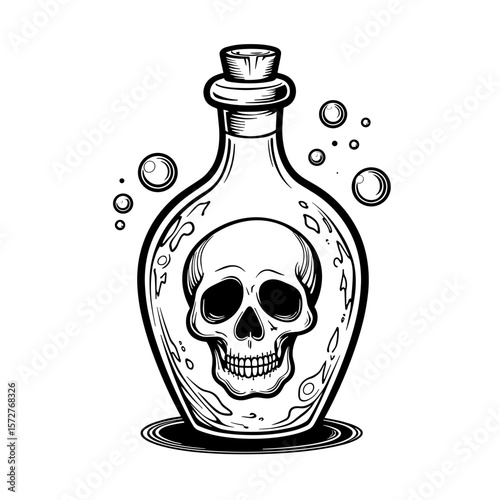 Magic potion bottle with skull label, kids coloring adventure