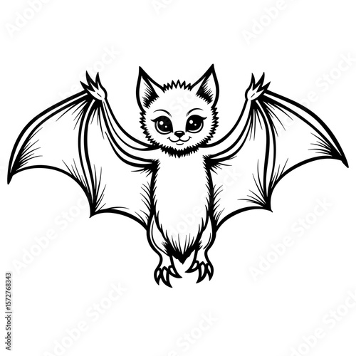 Cute bat with spread wings for kids coloring, black and white illustration