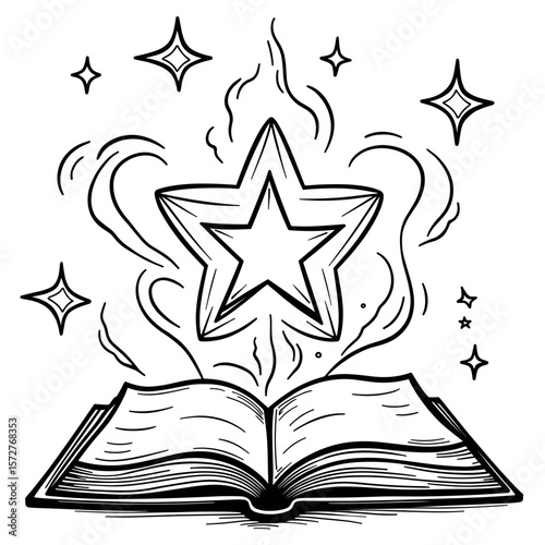 Magic spell book with glowing star symbol, kids coloring design, white background