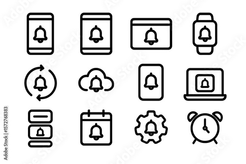 Linear notification icons: mobile, desktop, cloud, alarm, settings, calendar