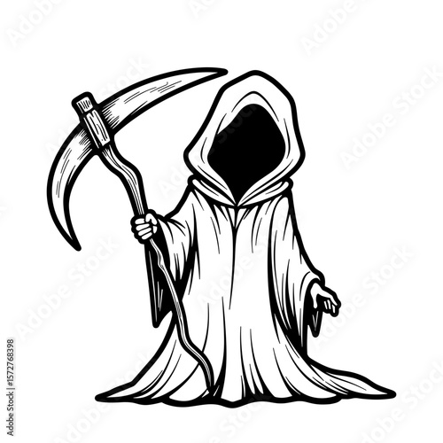 Cute Grim Reaper with Scythe, Kids Coloring Book Design