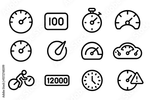 Minimal dashboard icon set with speedometers and timers on dark background