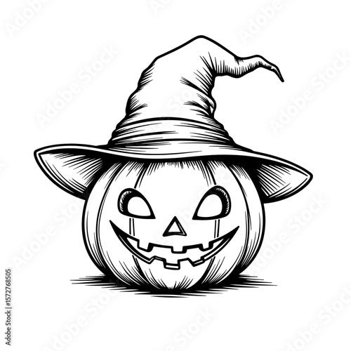 Grinning jack-o’-lantern with witch hat, kids Halloween coloring book