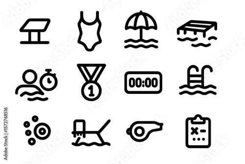 Outline icons of swimming equipment and activities on dark background