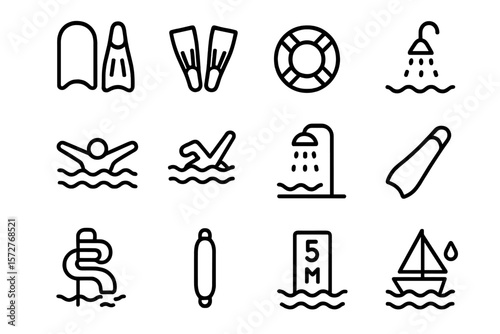 Swimming and water activity icons set in minimalistic style for water safety