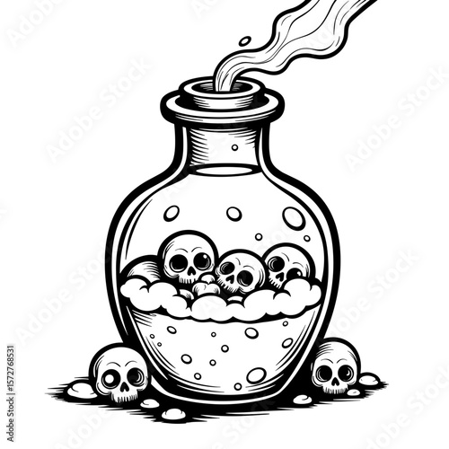 Abstract potion jar with skulls and fog, cute coloring design for children
