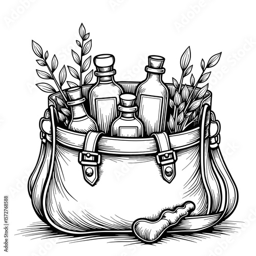 Witch’s satchel with herbs and potion bottles, kids coloring book illustration