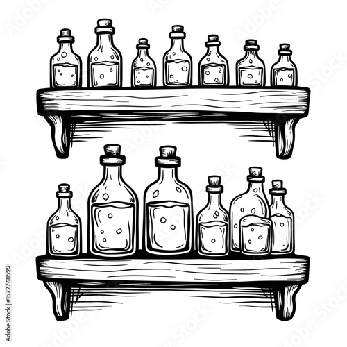 Hand-drawn witch's potion shelf with bottles, children's coloring book design