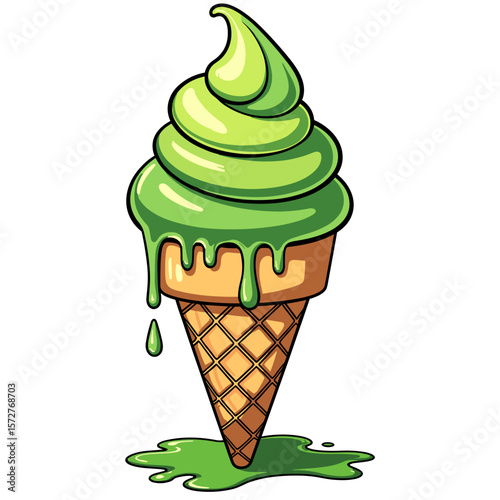 Spooky ice cream cone melting with green slime, kids coloring book design