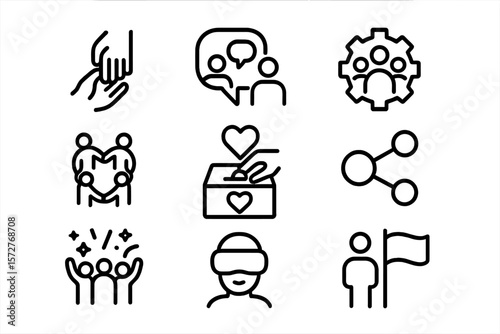 Community engagement icons: set of unified, transparent black line symbols