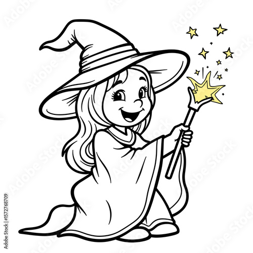 Cute witch girl casting magical sparkles, kids coloring book illustration