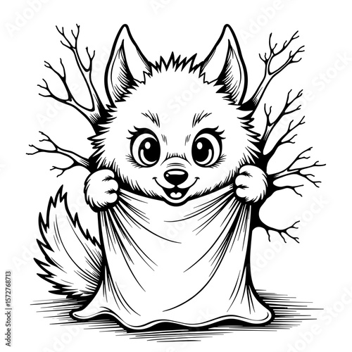 Adorable werewolf holding fabric, cute kids' coloring book design