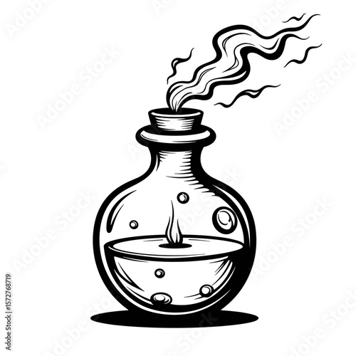 Potion bottle with lightning and smoke, kids coloring page illustration