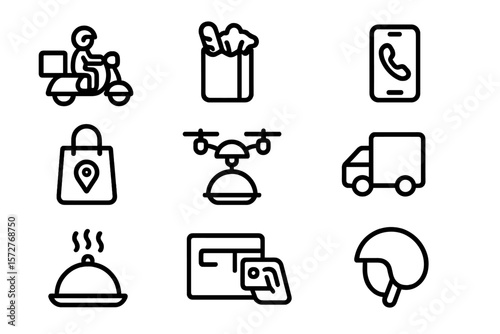 Delivery service icons featuring food, transport, and safety elements in outline style