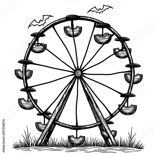 Creepy Ferris wheel with bat-shaped seats, kids Halloween coloring book