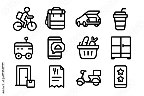 Delivery and shopping icons in linear style on dark background
