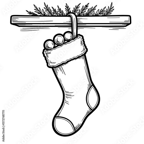 Christmas stocking hanging on fireplace hook, kids coloring book design