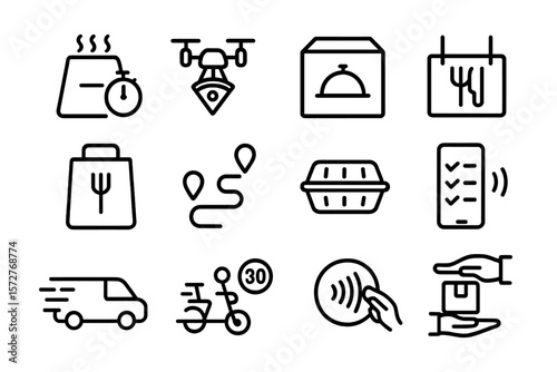 Black line food delivery icons with touchless payment and drone