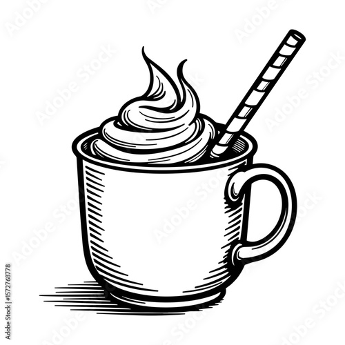 Hot chocolate mug with candy cane stirrer, black and white illustration for kids coloring