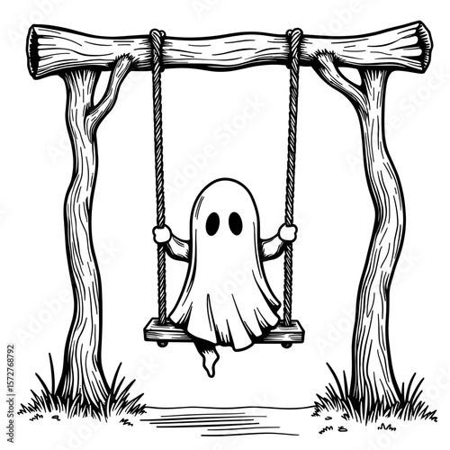 Ghost on swing in forest, black and white children’s coloring book