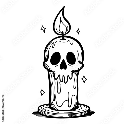 Skull-shaped candle flame illustration, kids Halloween coloring book art