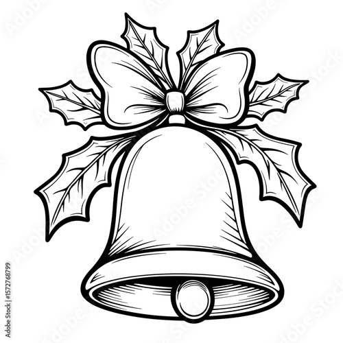 Abstract Christmas bell with ribbon and holly leaves, kids coloring book art