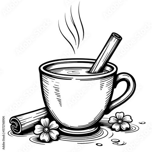 Cute Hand-Drawn Cup of Mulled Wine with Cinnamon Stick – Black and White Coloring Page