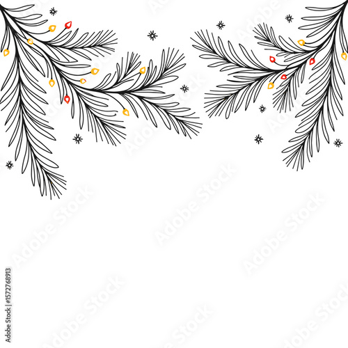 Holiday garland with lights and pine branches, cute coloring book design
