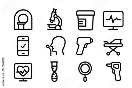Medical device icons: minimalistic set featuring diagnostic and monitoring equipment