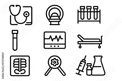 Medical icons: stethoscope, mri, test tubes, and more in black linear style