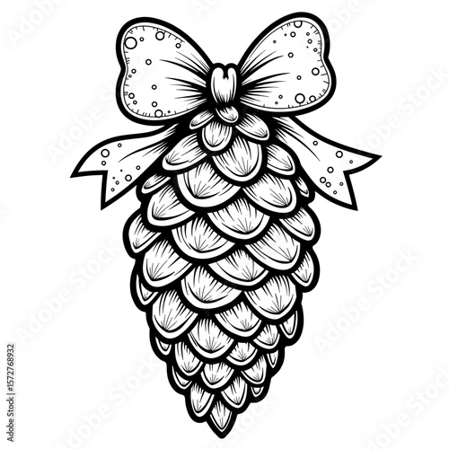 Decorated pinecone with bow, kids coloring book design