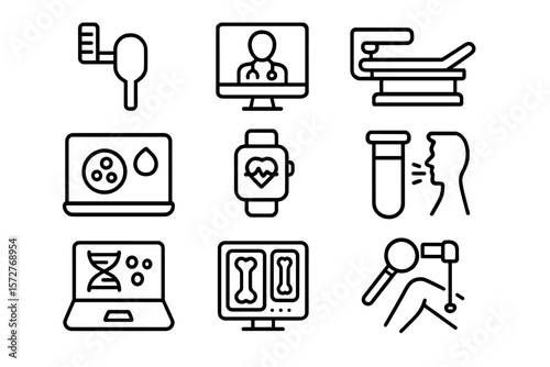 Medical diagnostics icons set featuring healthcare technology and laboratory equipment
