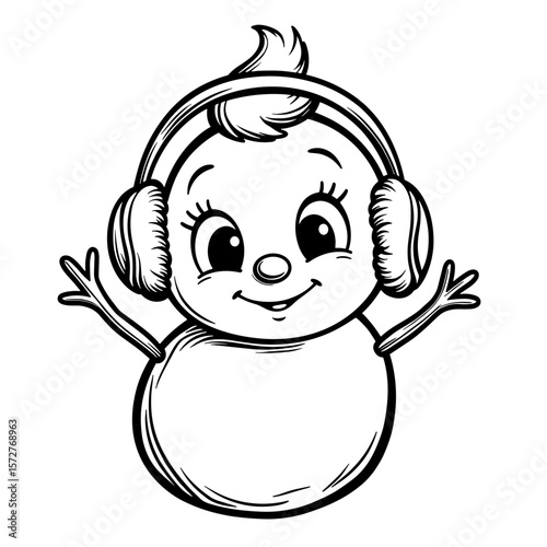 Cute snowman with earmuffs and wink, kids coloring book design