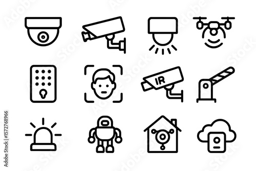 Surveillance and security icon set in minimalistic black design