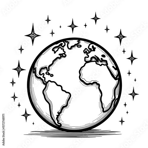 Abstract North Pole globe with stars, kids coloring book illustration