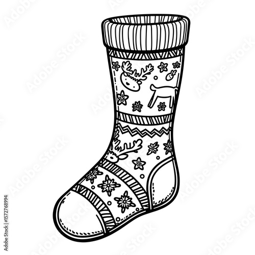 Hand-drawn wool sock with reindeer pattern, kids coloring book