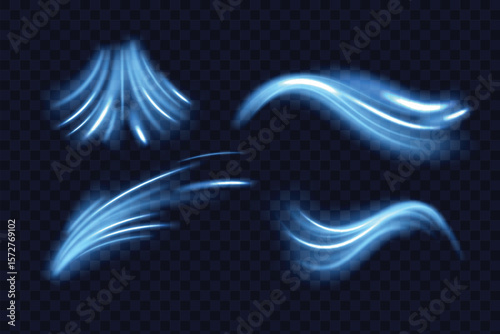 Blue wind waves effect. Abstract light motion trails with sparkles isolated on black background. Fresh cold air blowing from conditioner or cooler, vector realistic set