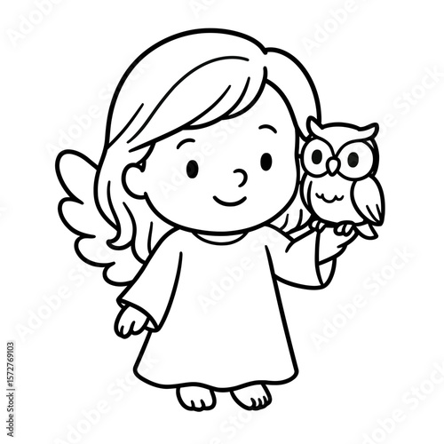 Cute Angel Girl Holding Owl Line Art Illustration