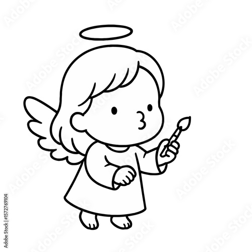 Angel Girl Holding Paintbrush: Creative Art Line Art Illustration