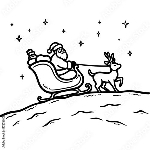 Santa’s sleigh silhouette on snowy hill, kids coloring book design